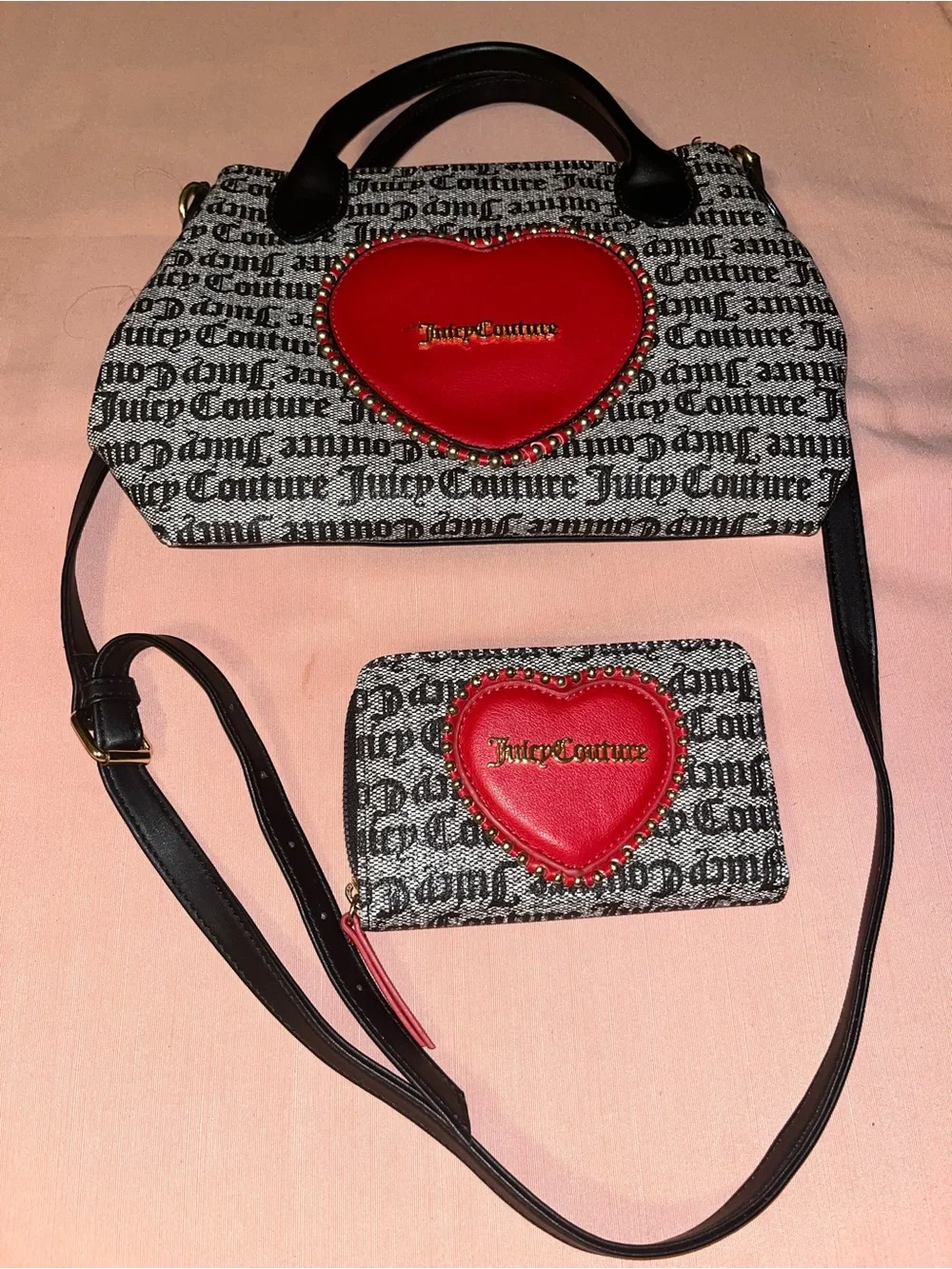 Juicy Couture Black & White Logo Satchel with Red Heart Accent & Wallet